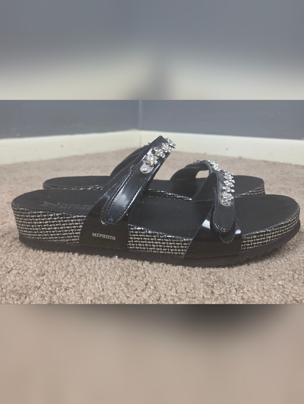 Mephisto Black Jeweled Slide Sandals
